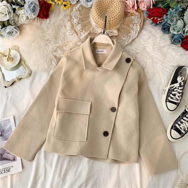 Дамско ежедневно палто с копчета и джоб в бежов,сив и кафяв цвят