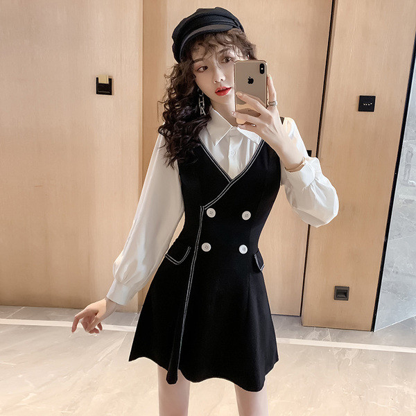 Μοντέρνο γυναικείο φόρεμα με κλασικό γικά - μοτίβο αποκοπής σε μαύρο χρώμα