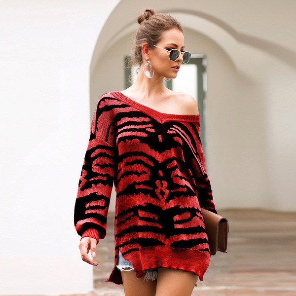 Γυναικείο πουλόβερ με μακρύ μανίκι, κόκκινο και πράσινο χρώμα