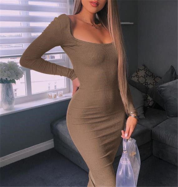 Rochie casual de dama cu maneci lungi si spate gol de culoare maro