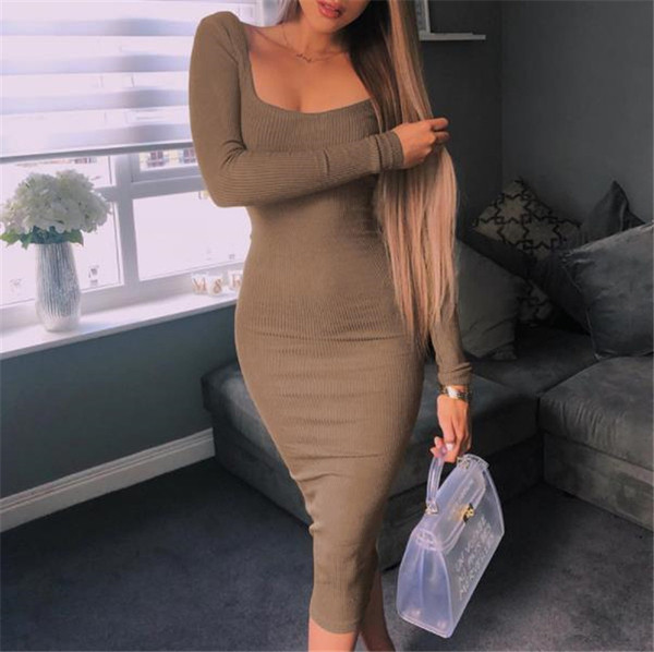 Rochie casual de dama cu maneci lungi si spate gol de culoare maro