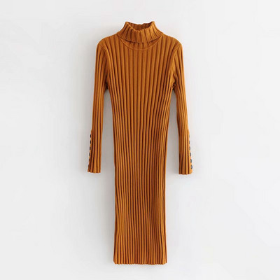 Rochie lunga moderna cu guler inalt si nasturi