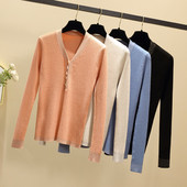 Νέο μοντέλο γυναικείο πουλόβερ  με λαιμόκοψη και κουμπιά σε μαύρο, μπλε, πορτοκαλί και μπεζ χρώμα