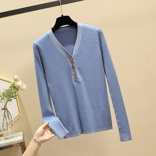 Νέο μοντέλο γυναικείο πουλόβερ  με λαιμόκοψη και κουμπιά σε μαύρο, μπλε, πορτοκαλί και μπεζ χρώμα