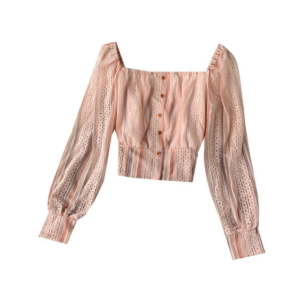 Női alkalmi ing gombokkal és hosszú ujjú, négyzet alakú nyakkivágással