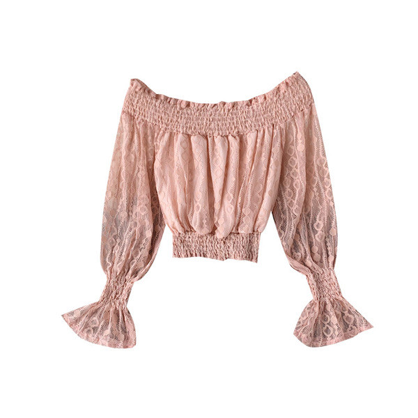 Γυναικεία μπλούζα με γυμνούς ώμους και μακριά μανίκια σε λευκό, μαύρο και ροζ χρώμα