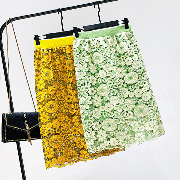 Fusta de dama cu talie elastica inalta in galben si verde