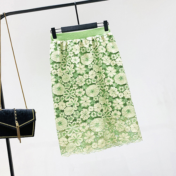 Fusta de dama cu talie elastica inalta in galben si verde