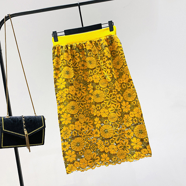 Fusta de dama cu talie elastica inalta in galben si verde