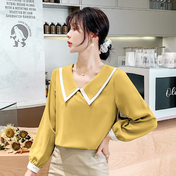 Modern női ing gallérral sárga és kék színben