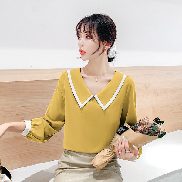 Modern női ing gallérral sárga és kék színben