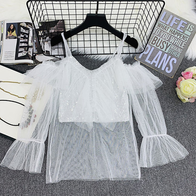 Γυναικεία μοντέρνα μπλούζα με τούλι και πούλιες σε μαύρο, λευκό και μπεζ χρώμα