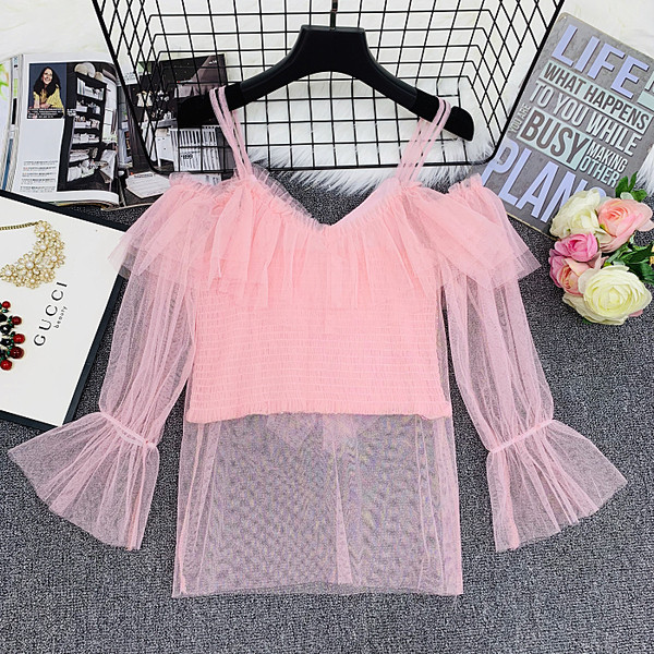 Γυναικεία μοντέρνα μπλούζα με τούλι και πούλιες σε μαύρο, λευκό και μπεζ χρώμα