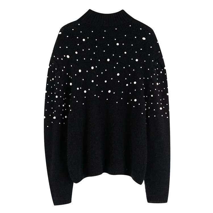 Rövid, fekete színű, gyöngyös női pulóver