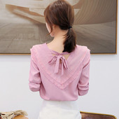 Női ing V-nyakú, rózsaszín és fehér szalaggal