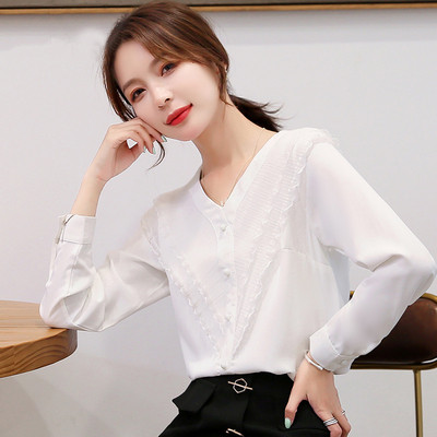 Női ing V-nyakú, rózsaszín és fehér szalaggal