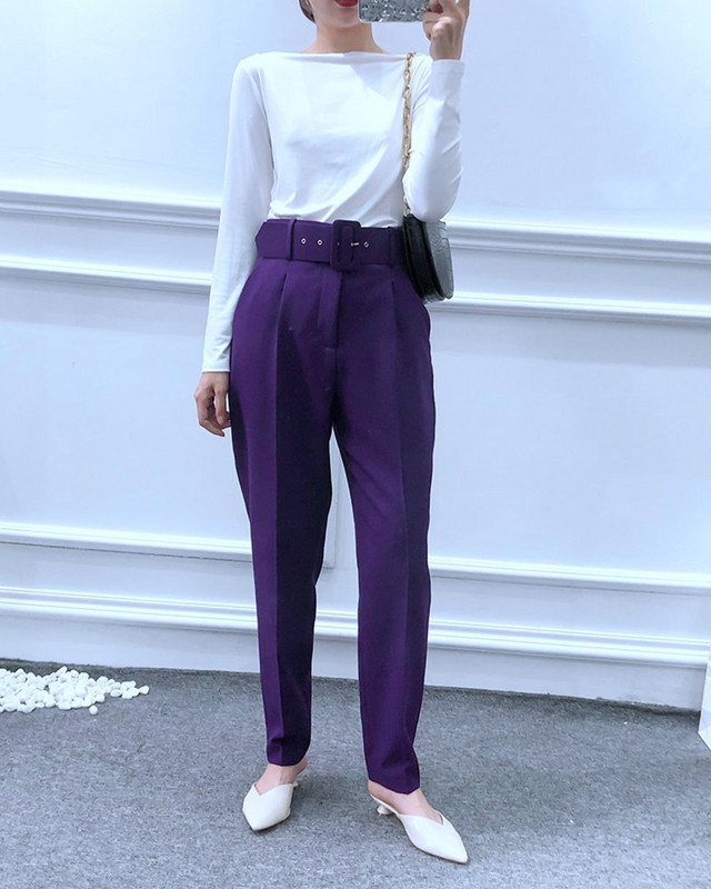 Pantaloni moderni de dama cu curea in multe culori - model drept