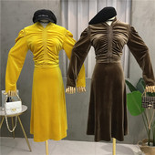 Rochie de dama moderna din catifea in galben si verde