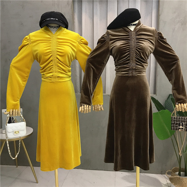 Rochie de dama moderna din catifea in galben si verde