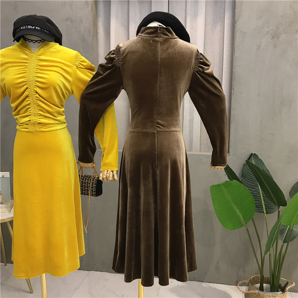 Rochie de dama moderna din catifea in galben si verde