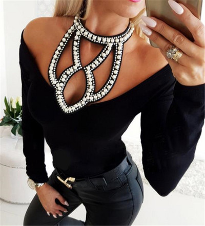 Bluză de damă modernă cu perle și umerii goi în trei culori