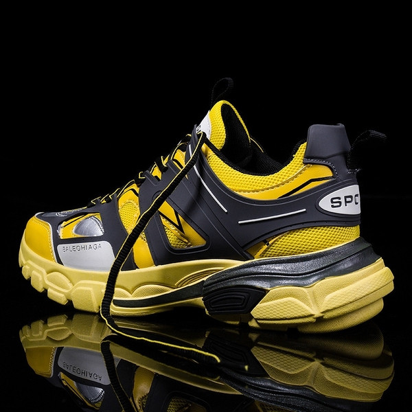 Férfi tornacipő ÚJ modell fűzővel és vastag talppal, fehér, fekete és sárga színben
