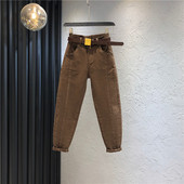 Női alkalmi farmer magas derékkal és övvel barna és bézs színben