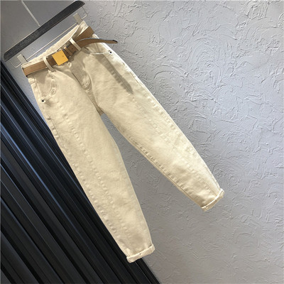 Női alkalmi farmer magas derékkal és övvel barna és bézs színben