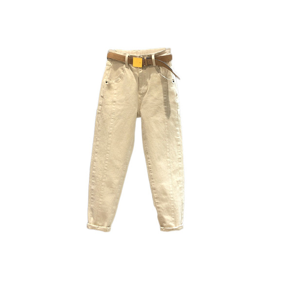 Női alkalmi farmer magas derékkal és övvel barna és bézs színben