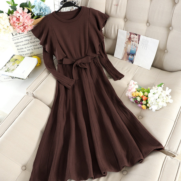 Rochie moderna de dama cu decolteu rotund si curea in mai multe culori