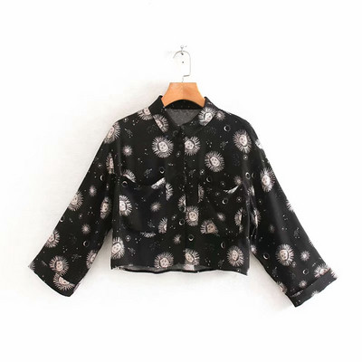 Cămașă scurtă de damă cu guler clasic și buzunare de culoare neagră