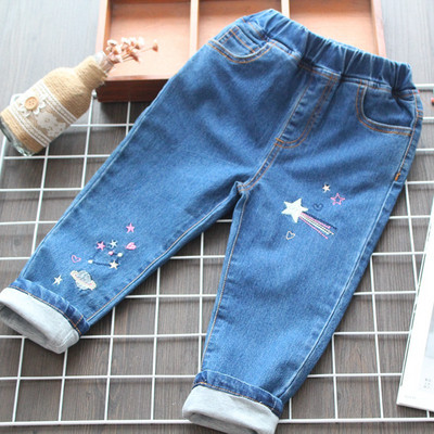 Нов модел детски дънки с бродерия в син цвят за момичета