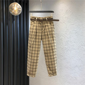 Дамски ежедневен кариран панталон с висока талия 