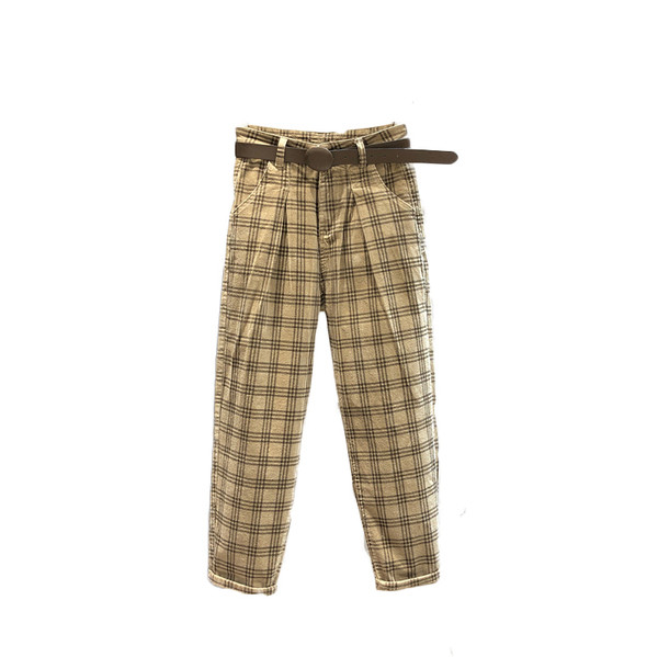 Дамски ежедневен кариран панталон с висока талия 