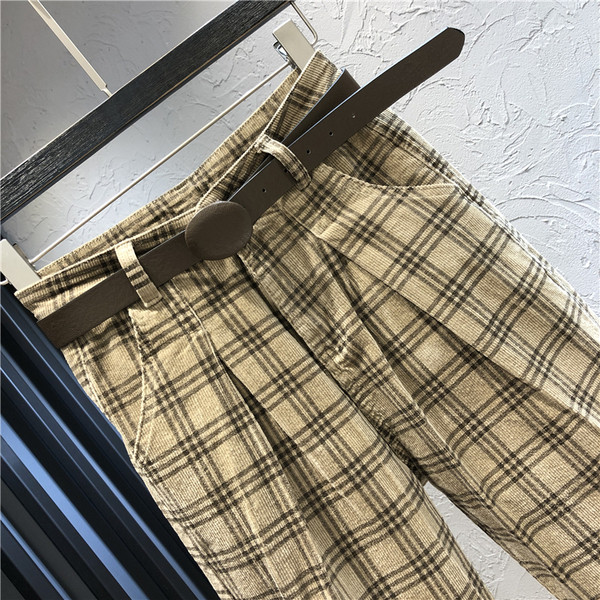 Дамски ежедневен кариран панталон с висока талия 