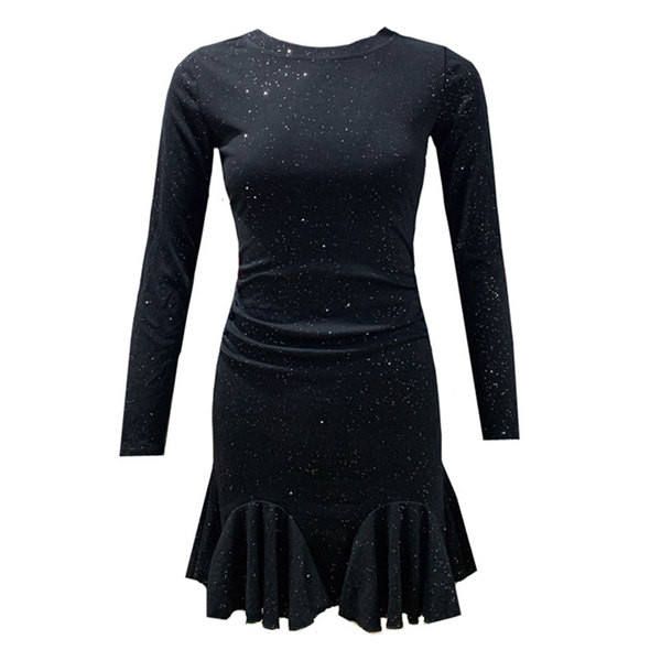 Női ruha hosszú ujjal, ovális nyakkivágással, fényes mintával