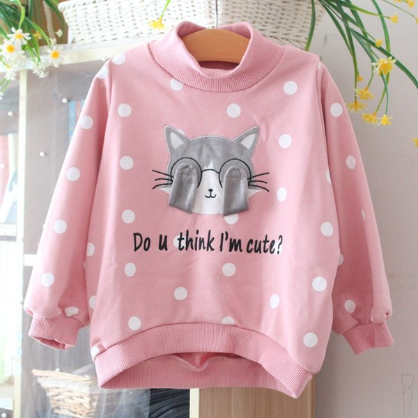 Új modell gyerekpulóver magas pólógallérral, rózsaszín és bézs pöttyökkel