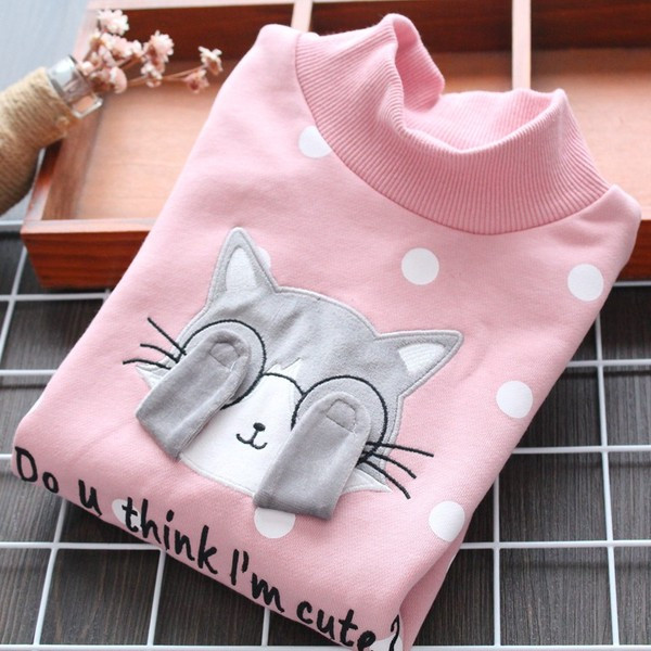 Új modell gyerekpulóver magas pólógallérral, rózsaszín és bézs pöttyökkel