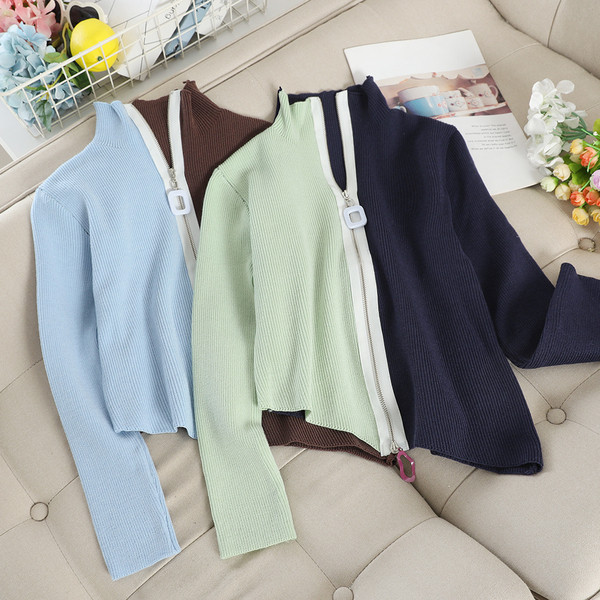 Model asimetric de pulover de dama cu fermoar in mai multe culori