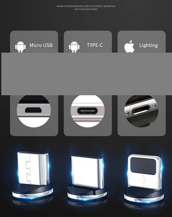 Кабел с магнитен накрайник за мобилни устройства Android и iOS - бързо зарежданe и синхронизиране TYPE-C, Micro USB и LIghting в сив цвят