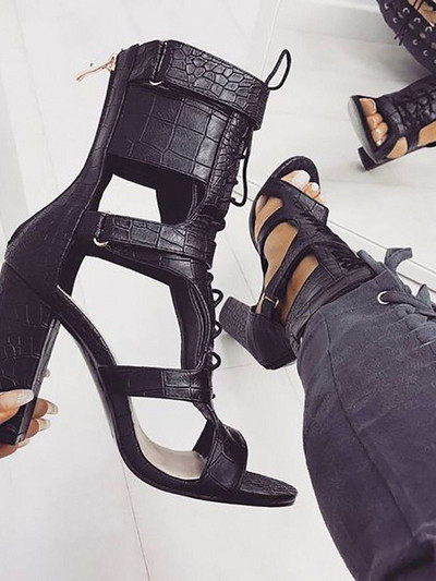 НОВ модел дамски обувки на висок ток от еко кожа с цип и връзки в черен цвят 