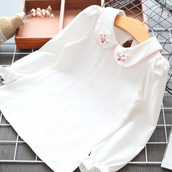 Модерна детска риза с бродерия на яката и лотос ръкав в бял цвят