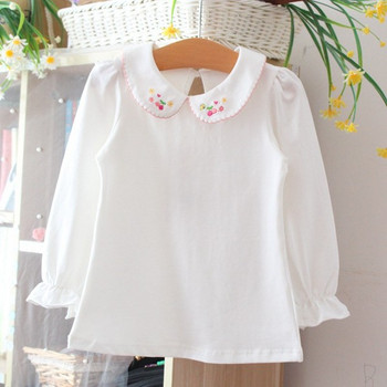 Μοντέρνο παιδικό πουκάμισο με κεντημένο κολάρο και μανίκι λωτού σε λευκό χρώμα
