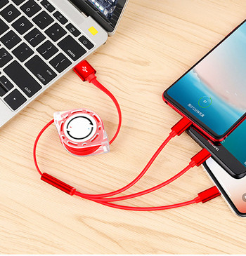 Многофункционален самонавиващ се кабел за мобилни устройства Android и iOS - TYPE C, Micro USB и LIghting в червен цвят