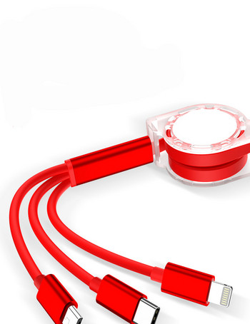 Многофункционален самонавиващ се кабел за мобилни устройства Android и iOS - TYPE C, Micro USB и LIghting в червен цвят