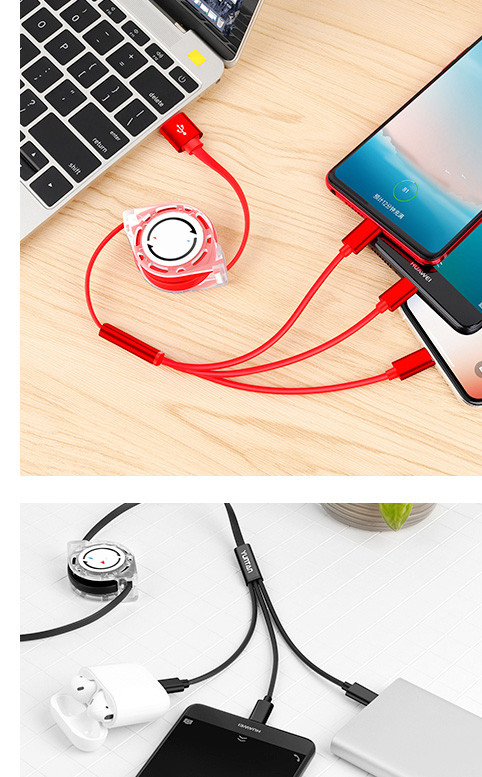 Cablu multifuncțional cu înfășurare automată pentru dispozitive mobile Android și iOS - TIP C, Micro USB și Iluminare în roșu