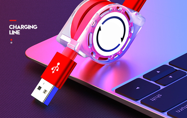 Cablu multifuncțional cu înfășurare automată pentru dispozitive mobile Android și iOS - TIP C, Micro USB și Iluminare în roșu