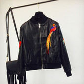 Geaca de dama piele cu broderie colorata - culoare neagra