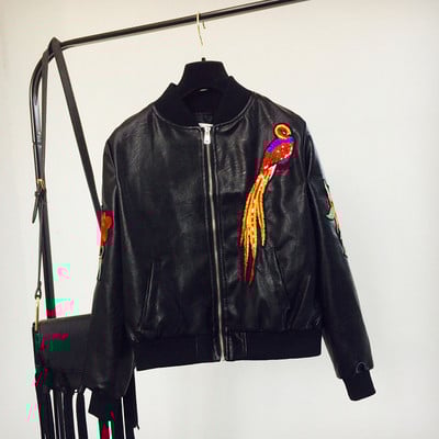 Geaca de dama piele cu broderie colorata - culoare neagra