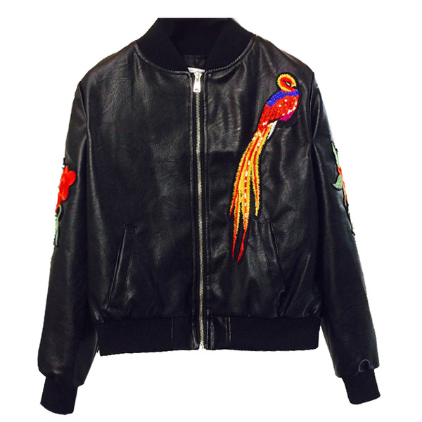 Geaca de dama piele cu broderie colorata - culoare neagra